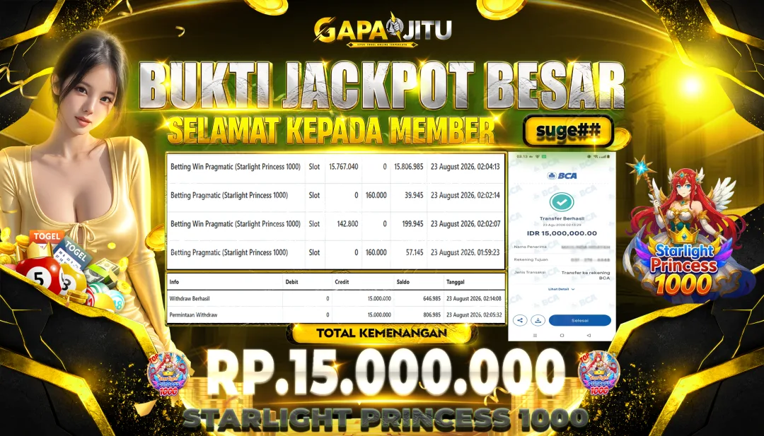 GAPAIJITU JACKPOT DI GAME Starlight Princess 1000 Rp.15.000.000.,- LUNAS