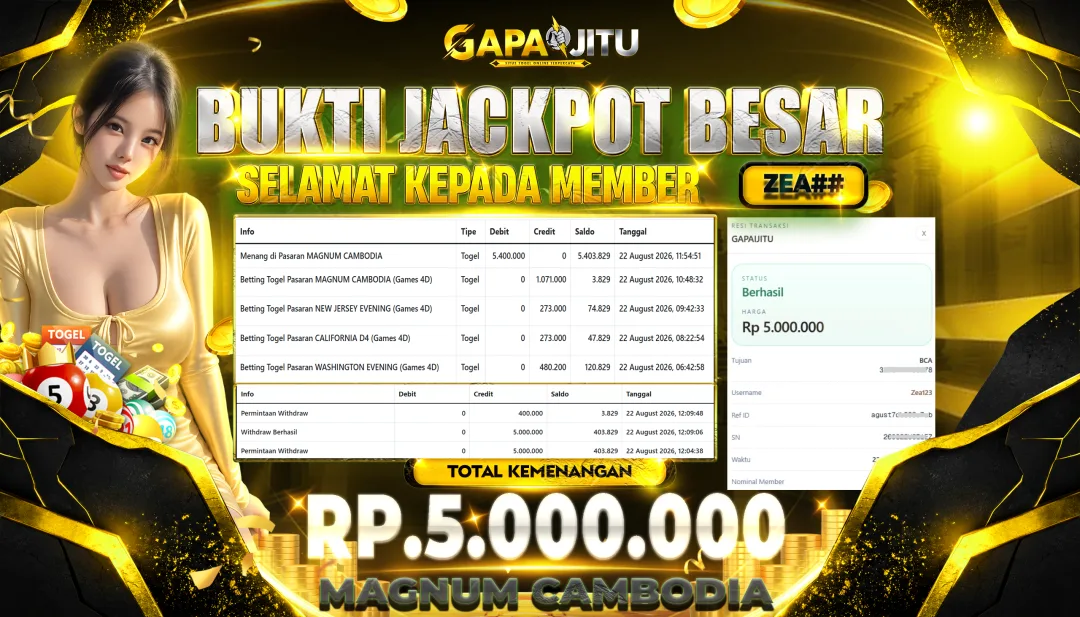 GAPAIJITU JACKPOT DI GAME TOGEL MAGNUM CAMBODIA  Rp.5.000.000.,- LUNAS