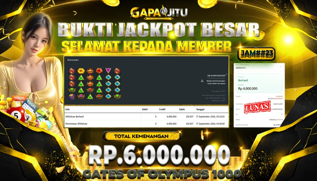 GAPAIJITU JACKPOT DI GAME SLOT Gates of Olympus 1000  Rp.6.000.000.,- LUNAS