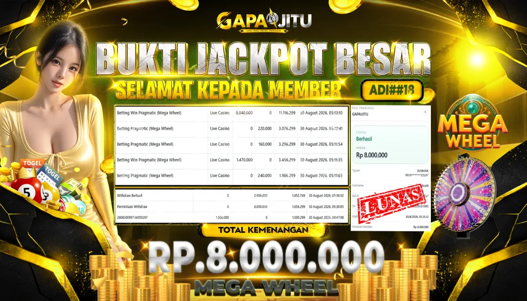 GAPAIJITU JACKPOT DI GAME Mega Wheel Rp.8.000.000.,- LUNAS