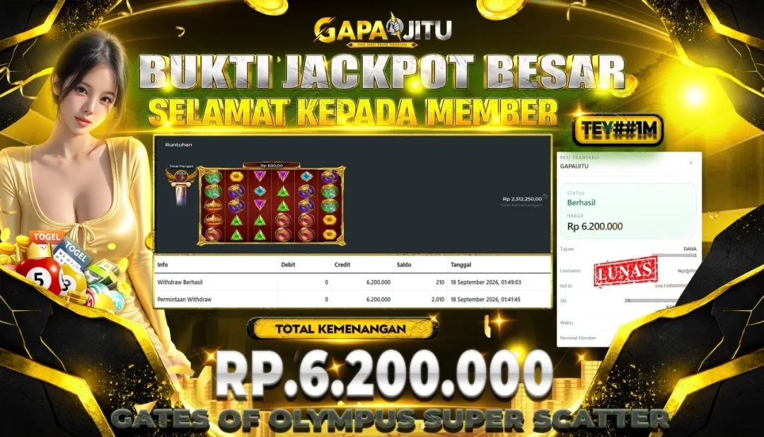 GAPAIJITU JACKPOT DI GAME SLOT GATES OF OLYMPUS SUPER SCATTER  Rp.6.200.000.,- LUNAS