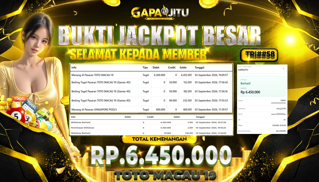 GAPAIJITU JACKPOT DI GAME TOGEL TOTO MACAU 19 Rp.6.450.000.,- LUNAS