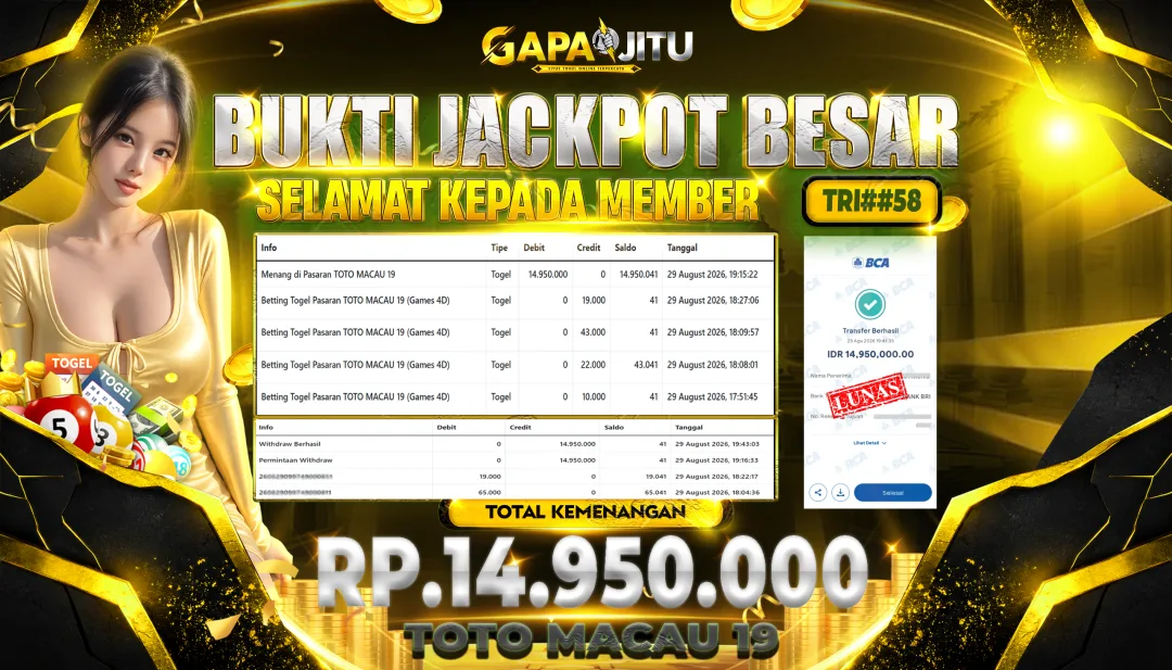 GAPAIJITU JACKPOT DI GAME TOGEL TOTO MACAU 19 Rp.14.950.000.,- LUNAS