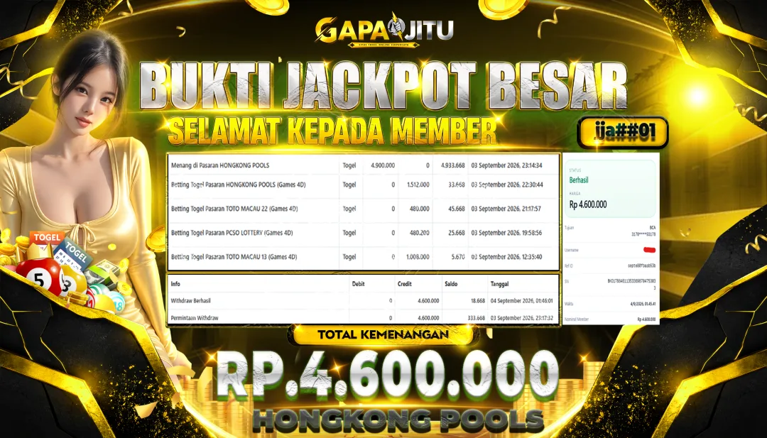 GAPAIJITU JACKPOT DI GAME HONGKONG POOLS Rp.4.600.000.,- LUNAS